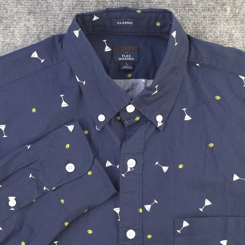 J Crew Shirt Large Martini Glass Geometric‎ Long Sleeve Button Down Flex Washed